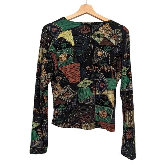 Vtg 80s 90s CLE Paris Geometric Abstract Print V-Neck Long Sleeve Cropped Blouse - Picture 2 of 6